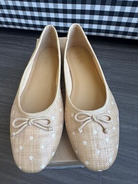 J. Crew Factory Tan Woven Ballet Flats with Bow and White Dot Detail